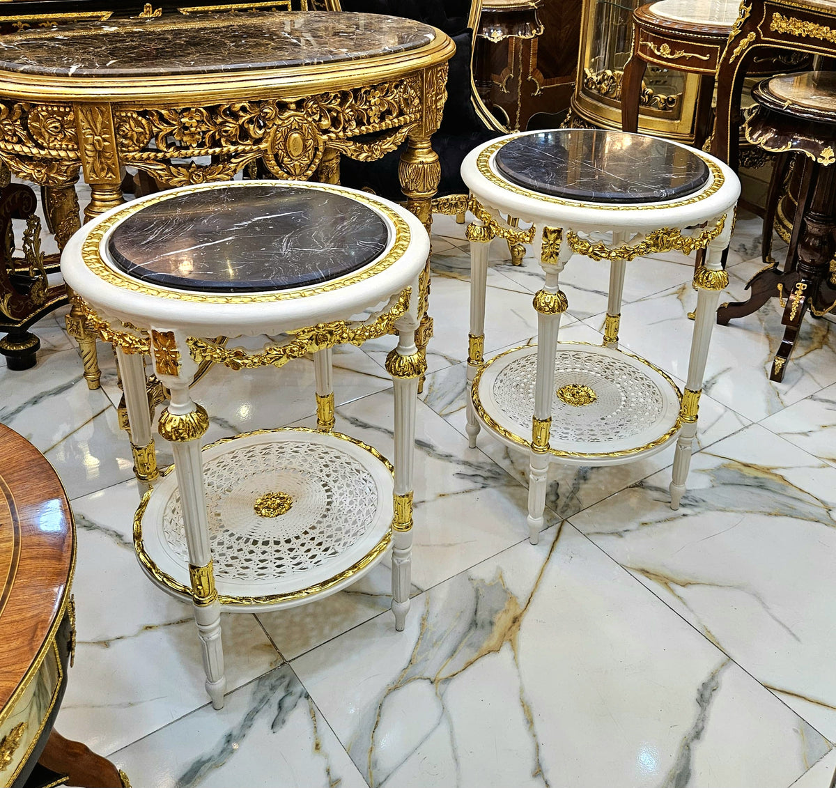 French Style Gold Leaf Side Table – Black Marble Top with Ornate White & Gilt Frame