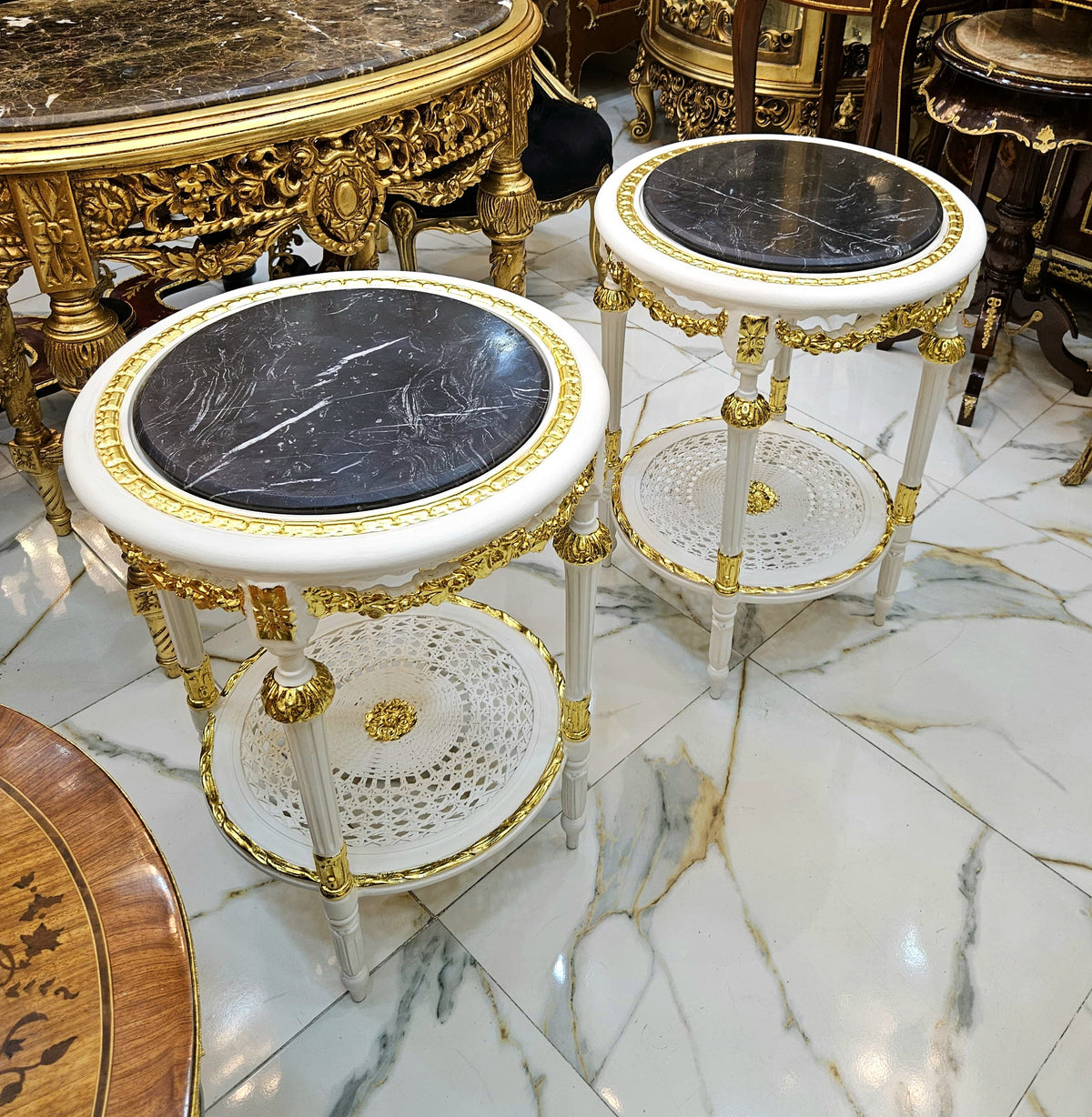 French Style Gold Leaf Side Table – Black Marble Top with Ornate White & Gilt Frame