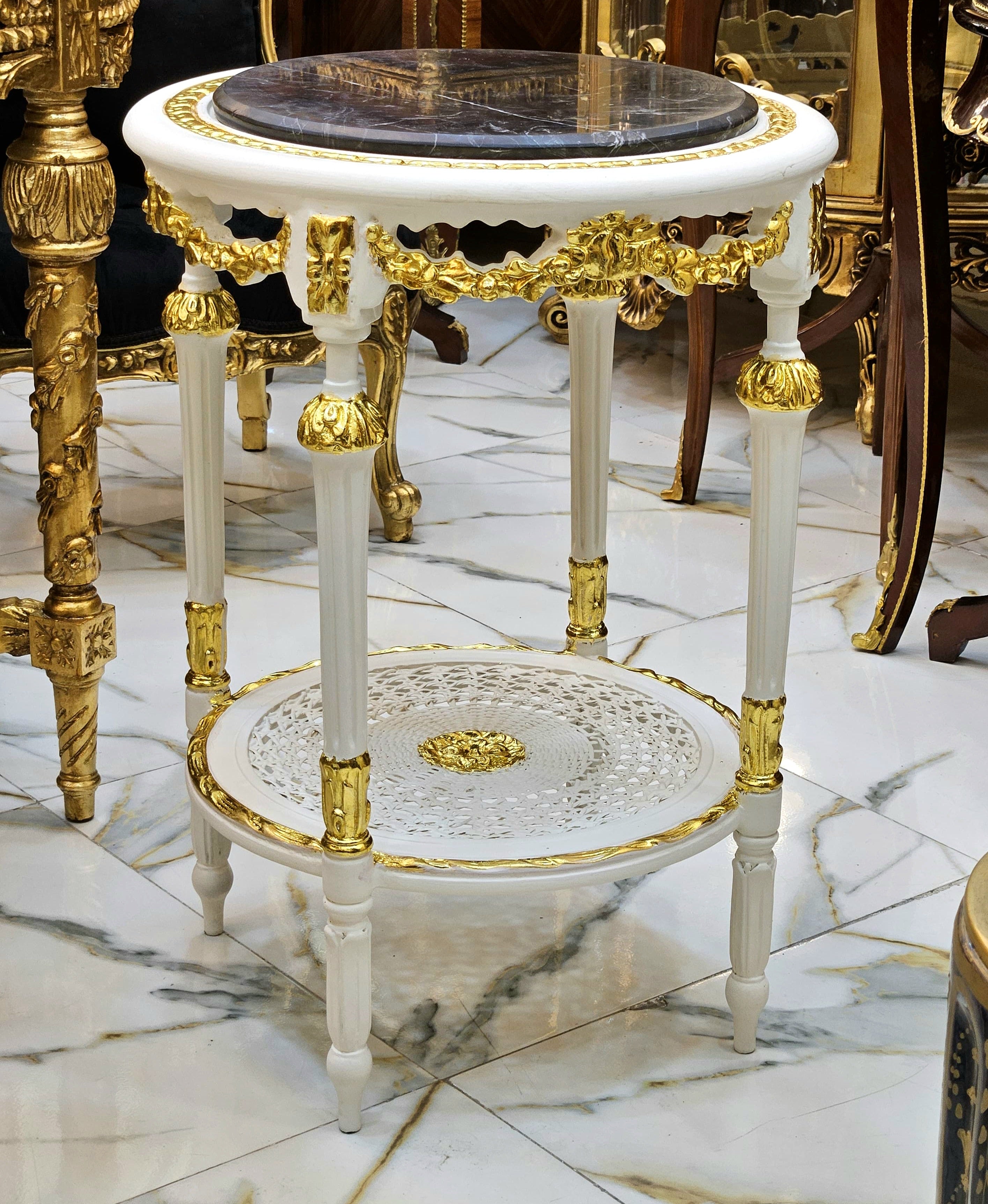 French Style Gold Leaf Side Table – Black Marble Top with Ornate White & Gilt Frame