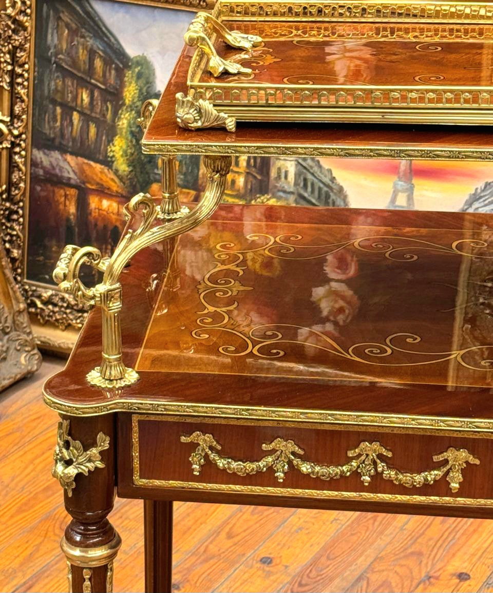 French Louis XVI Style Rolling Serving Table – Wood with Gold Leaf Details, 3 Drawers & Casters