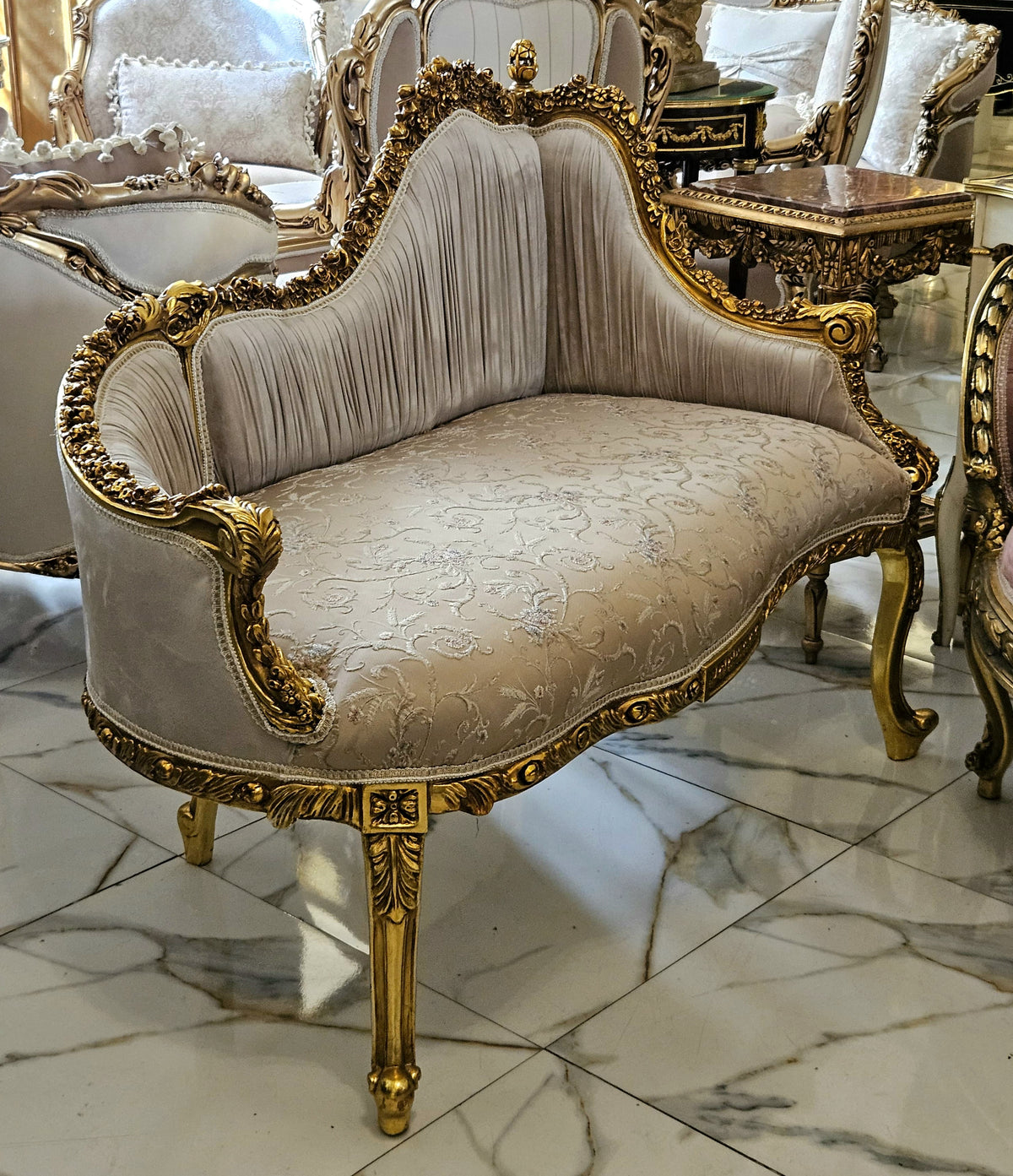 French Rococo Style Settee Sofa – Beige Embroidered Upholstery with Ornate Gold Leaf Frame