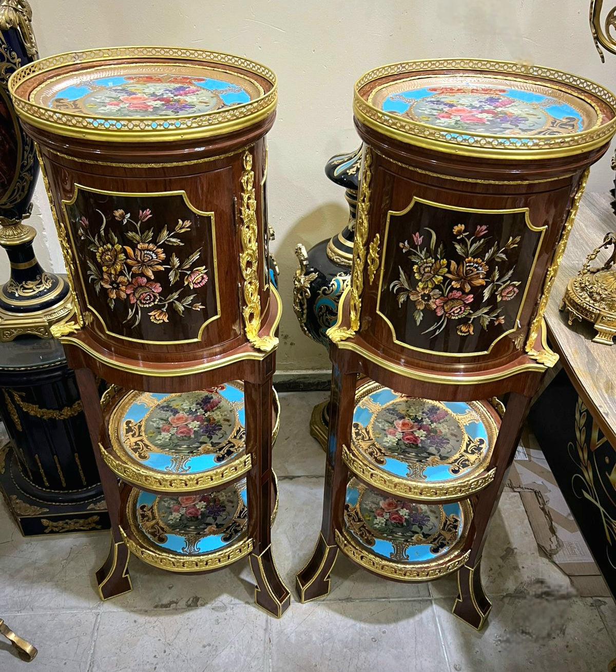 Ornate French Louis XVI Style Side Table – Hand-Painted Floral Panels, Gold Leaf & Decorative Shelving