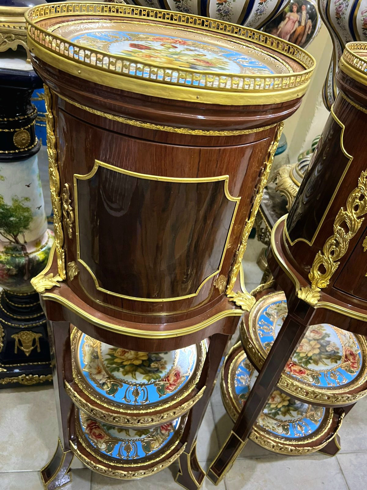 Ornate French Louis XVI Style Side Table – Hand-Painted Floral Panels, Gold Leaf & Decorative Shelving