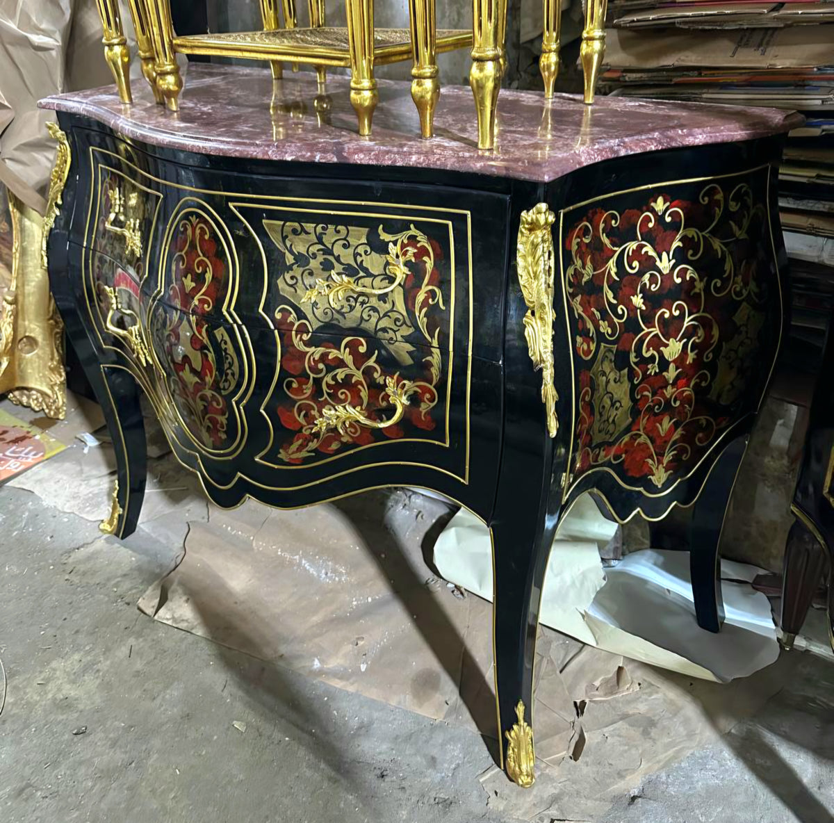 French Boulle-Inspired Commode – Dark Wood Cabinet with Gilded Ornaments & Two Spacious Drawers