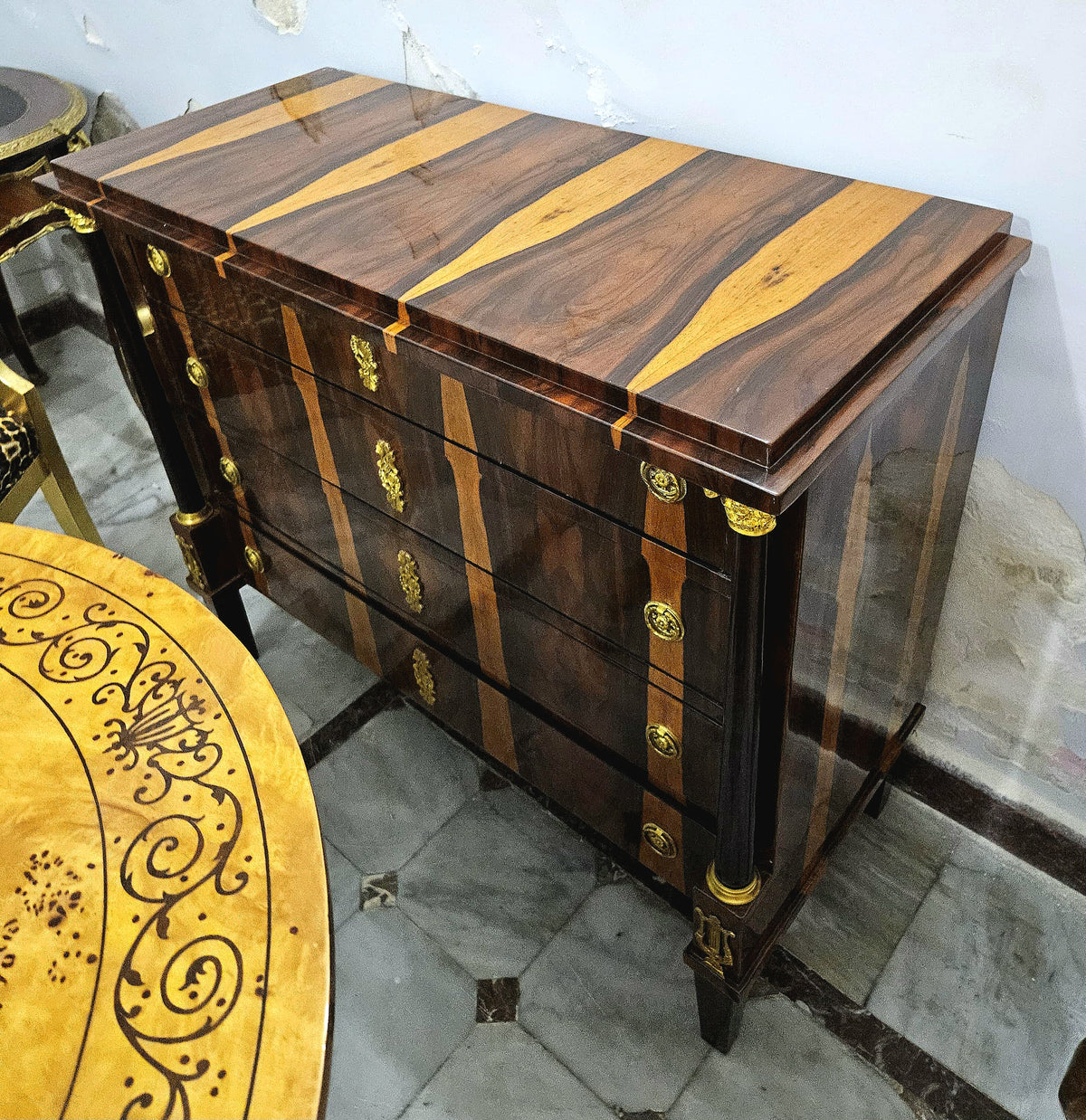 Grand French Louis XVI Style Commode – Four Spacious Drawers, Exotic Wood Inlay & Gold Leaf Details