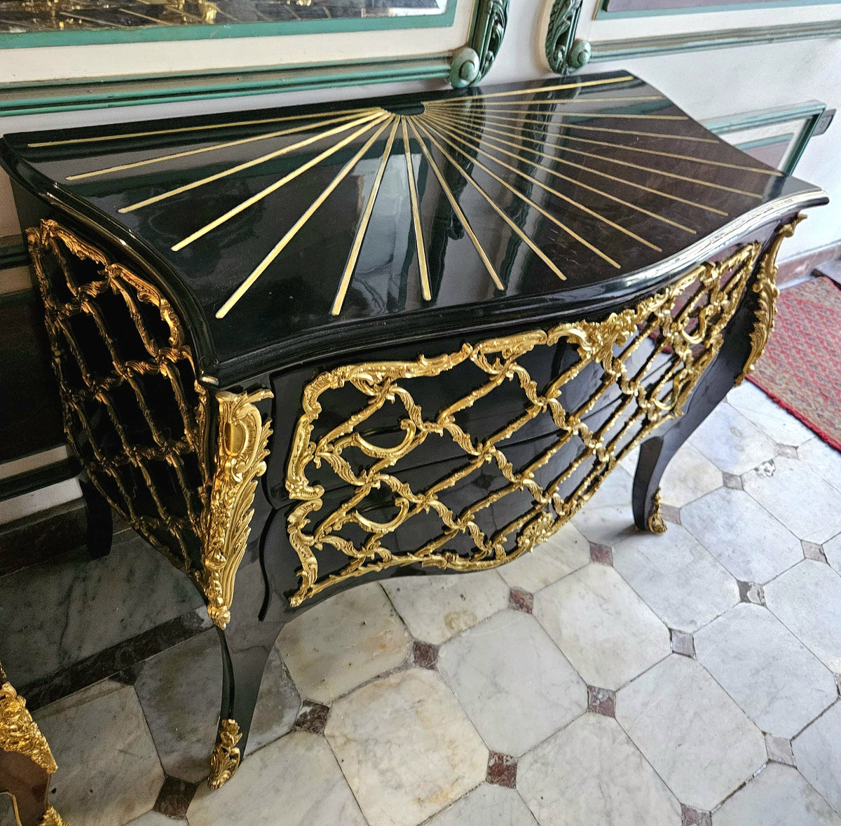 Black French Boulle-Style Commode – Sculpted Gold Leaf & Bronze Details with Radiating Wood Inlay