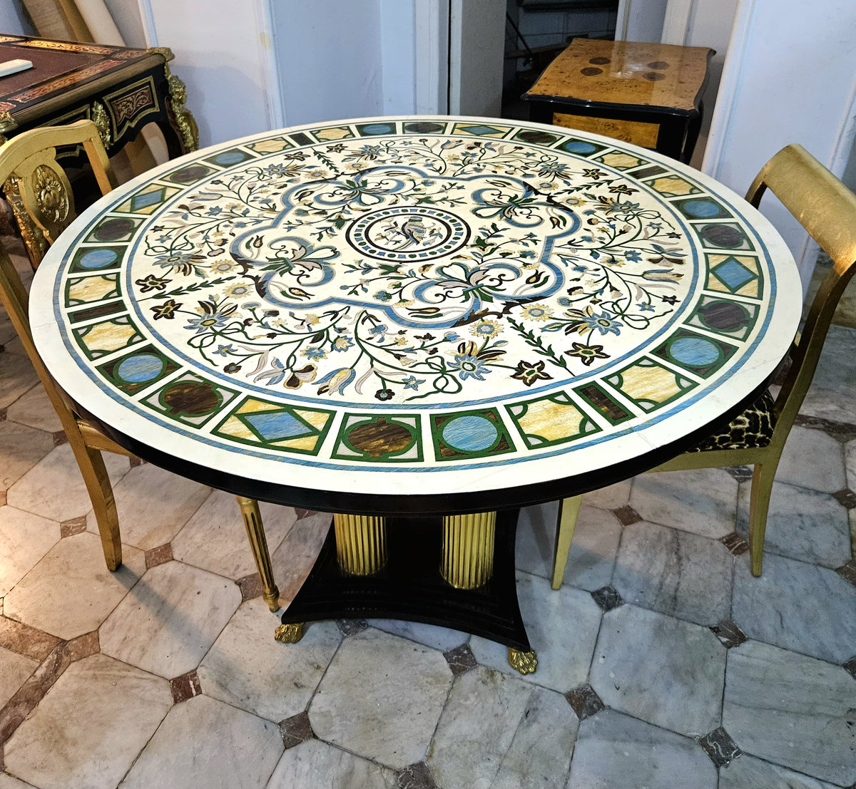 Grand French-Style Round Dining Table – Ornate Marble Top with Gilded Columns & Black Base