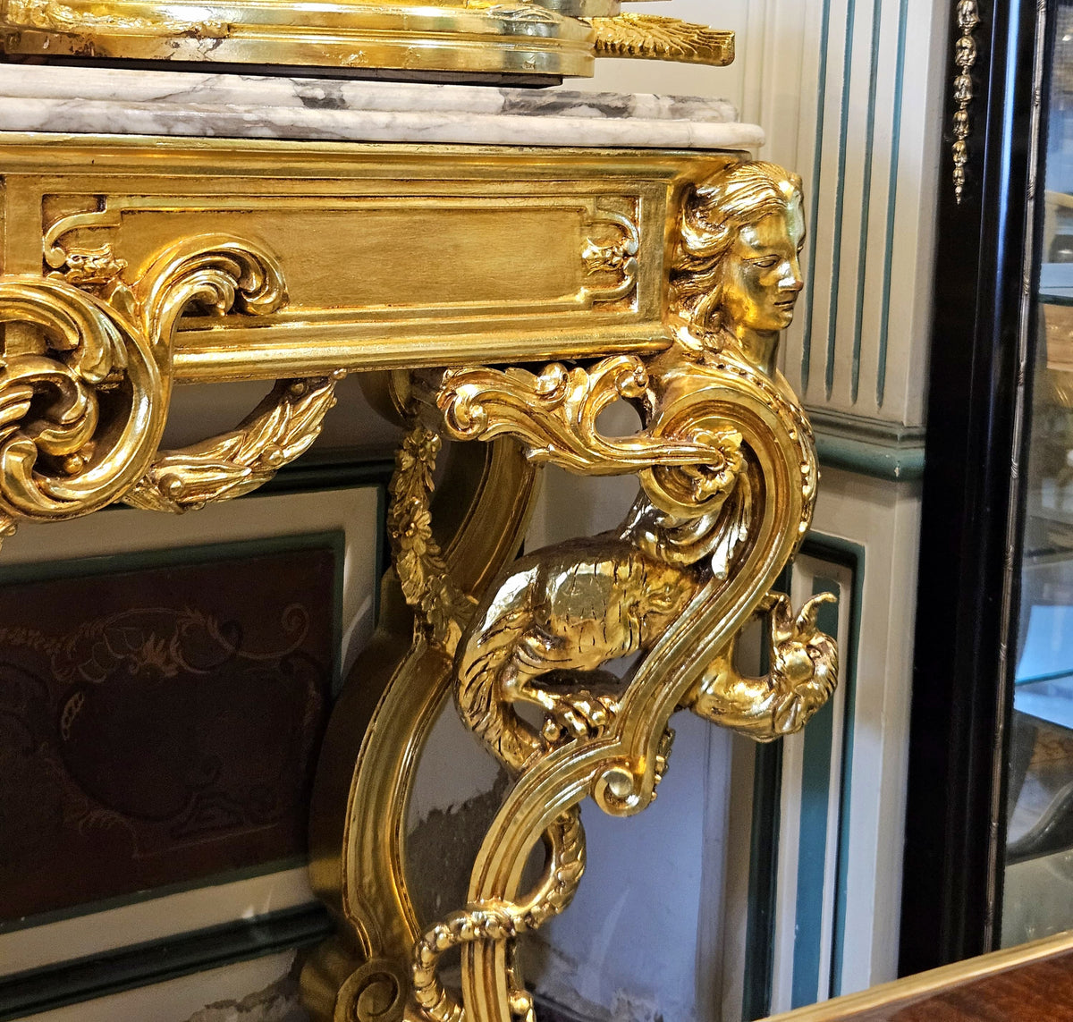 Grand French-Style Console Table – Marble Top with Ornate Gold Leaf & Gilded Bronze Details