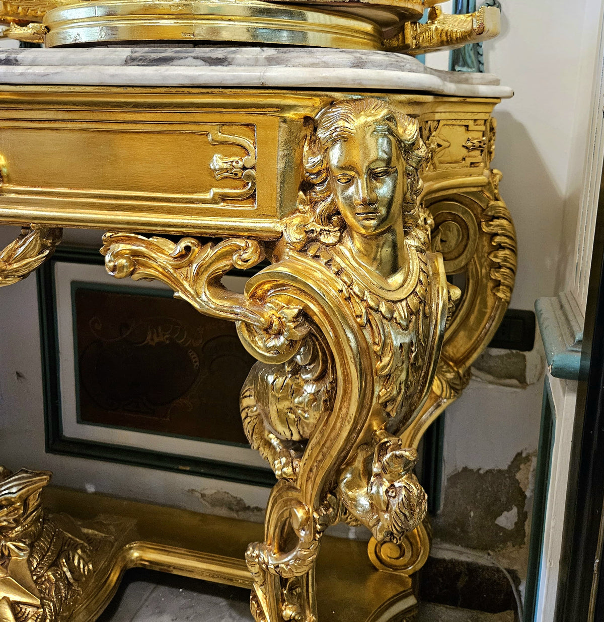 Grand French-Style Console Table – Marble Top with Ornate Gold Leaf & Gilded Bronze Details