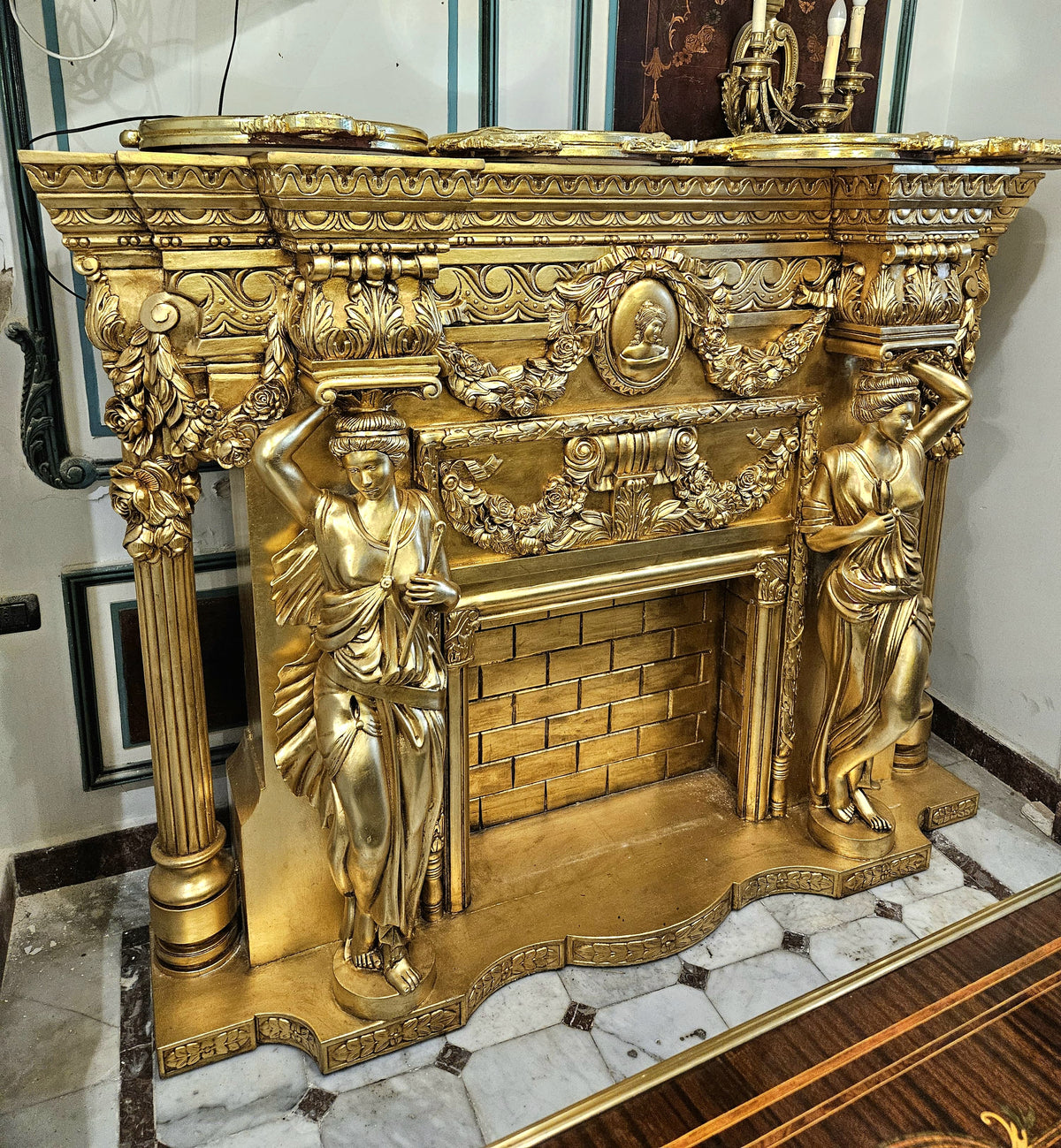 Grand French-Style Fireplace Mantel – Ornate Gold Leaf Finish with Sculpted Bronze Details