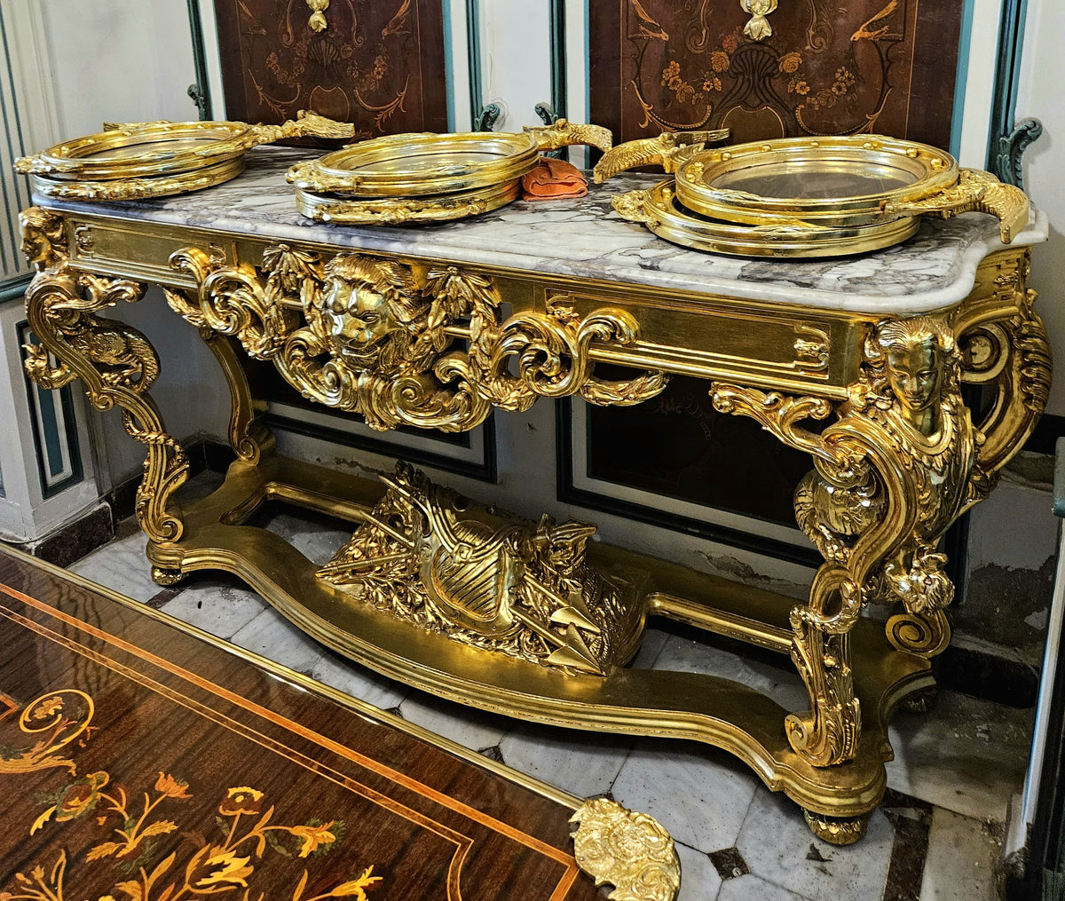 Grand French-Style Console Table – Marble Top with Ornate Gold Leaf & Gilded Bronze Details