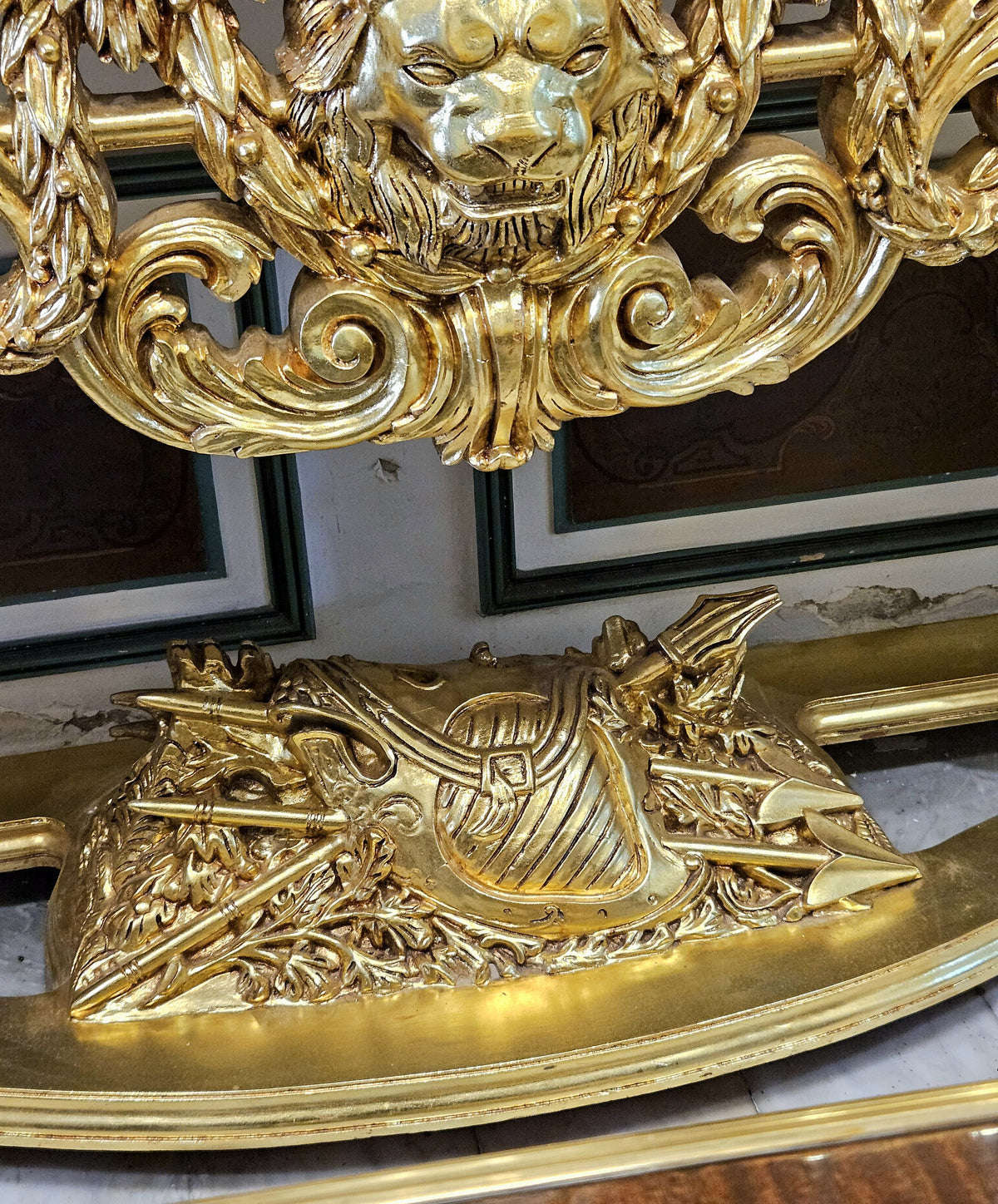 Grand French-Style Console Table – Marble Top with Ornate Gold Leaf & Gilded Bronze Details