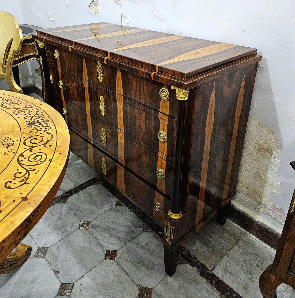 Grand French Louis XVI Style Commode – Four Spacious Drawers, Exotic Wood Inlay & Gold Leaf Details