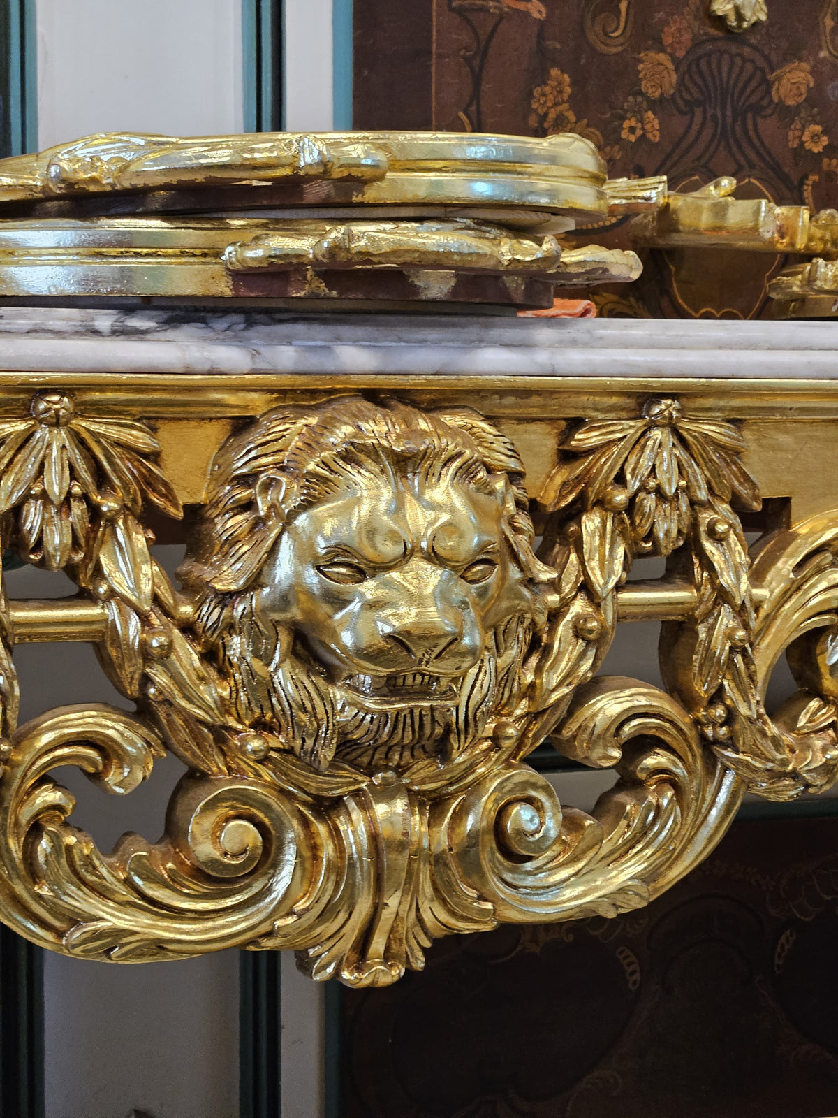Grand French-Style Console Table – Marble Top with Ornate Gold Leaf & Gilded Bronze Details