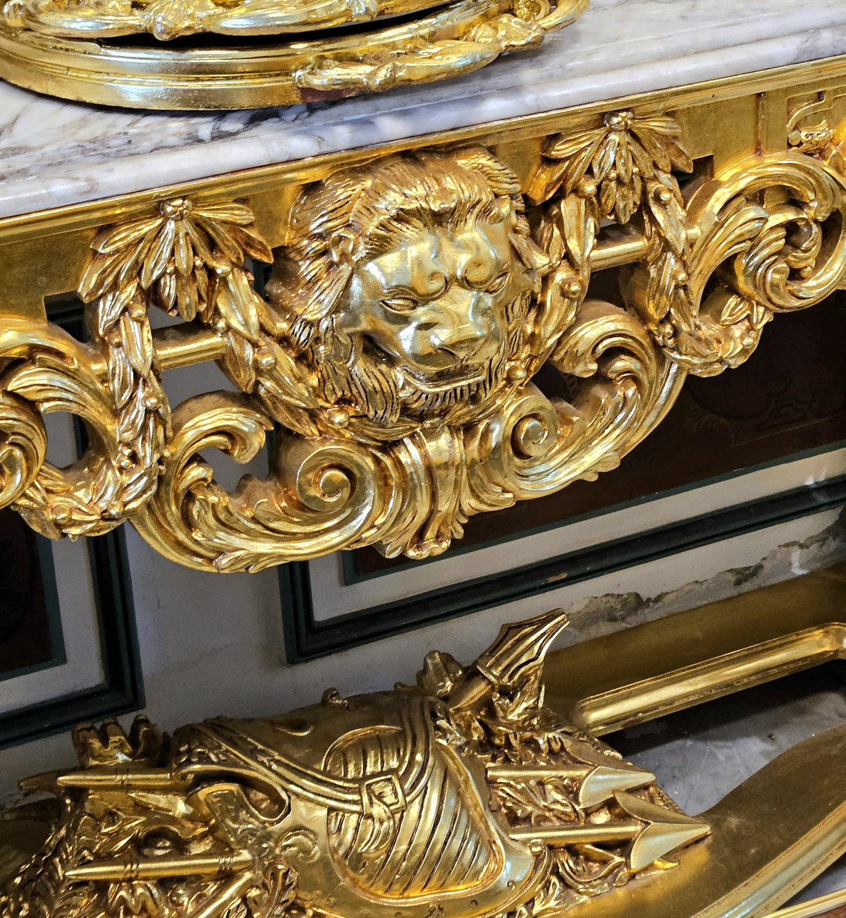 Grand French-Style Console Table – Marble Top with Ornate Gold Leaf & Gilded Bronze Details