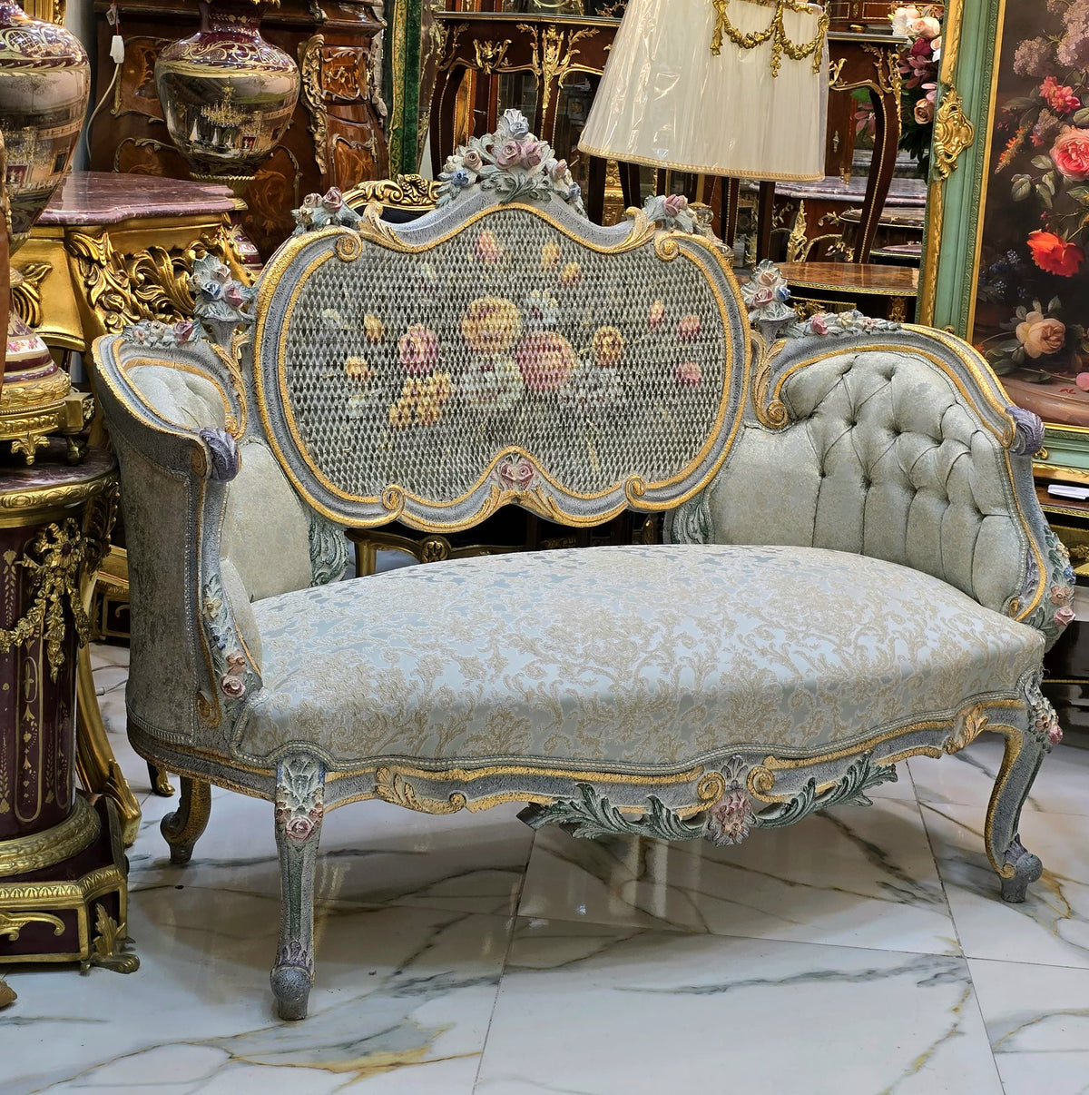 French Rococo-Style Settee – Pastel Blue & Floral Upholstery with Ornate Gold Leaf Frame