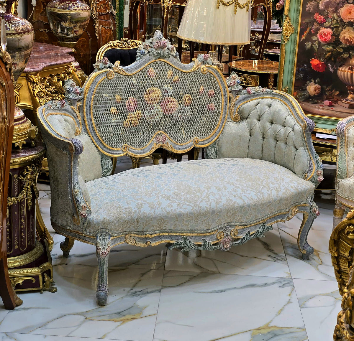 French Rococo-Style Settee – Pastel Blue & Floral Upholstery with Ornate Gold Leaf Frame