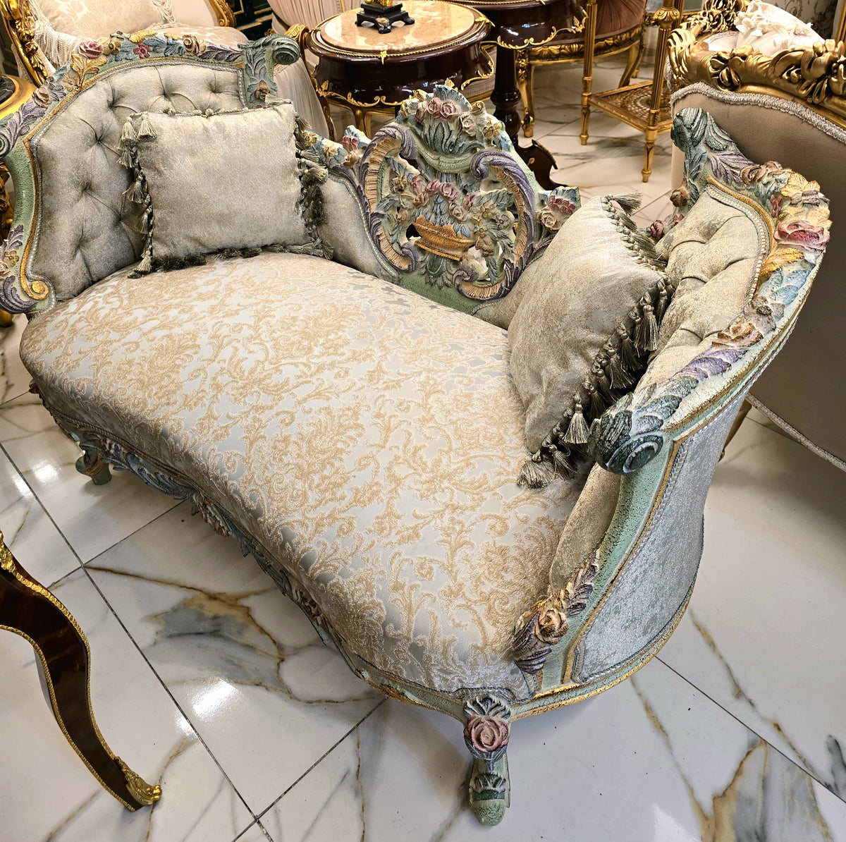 French Rococo-Style Settee – Pastel Floral Upholstery with Ornate Carved Frame