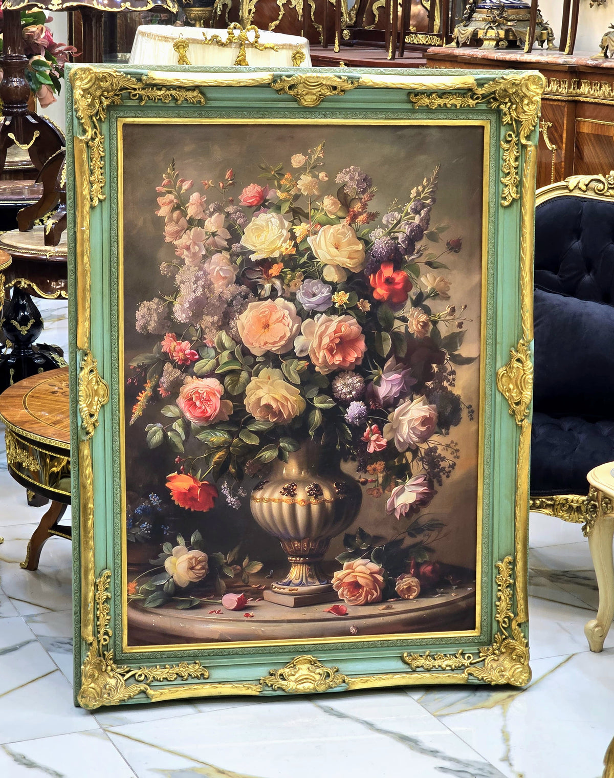 Pastel French Rococo Floral Artwork – Sage Green Frame with Ornate Gold Leaf Details