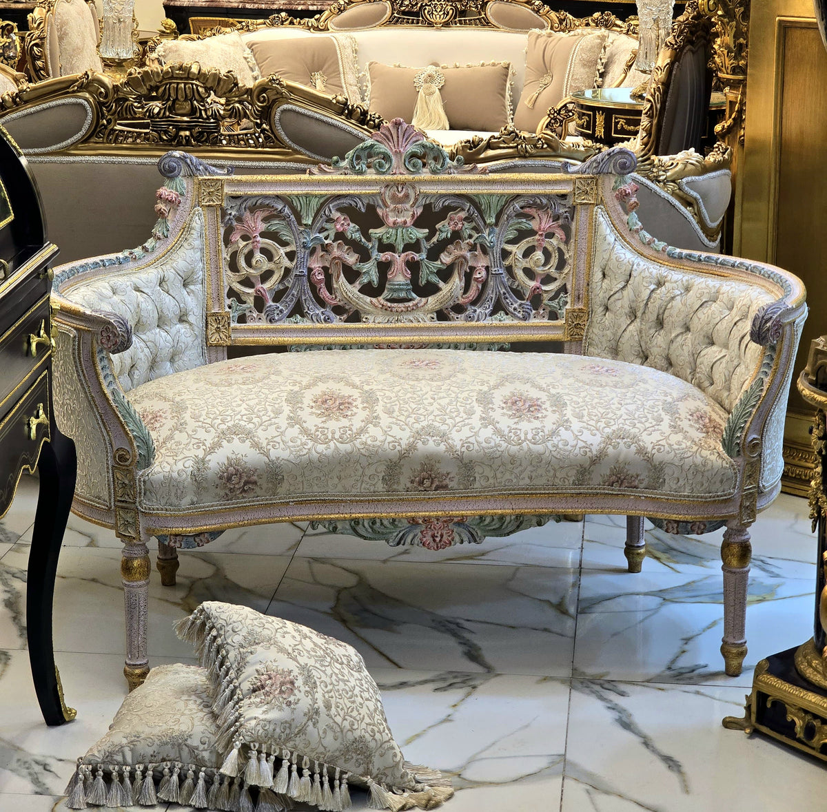 French Rococo-Style Sofa – Pastel Floral Upholstery with Ornate Gold Leaf & Carved Frame