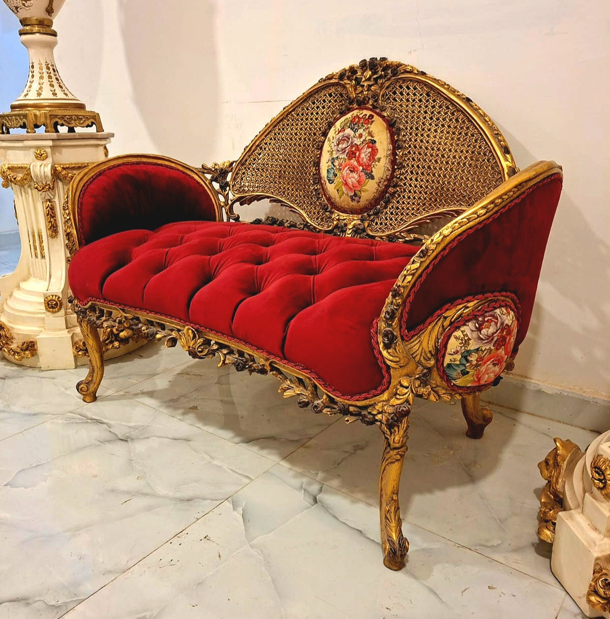French Rococo Style Sofa – Red Velvet Tufted Upholstery, Gold Leaf Frame & Floral Medallion