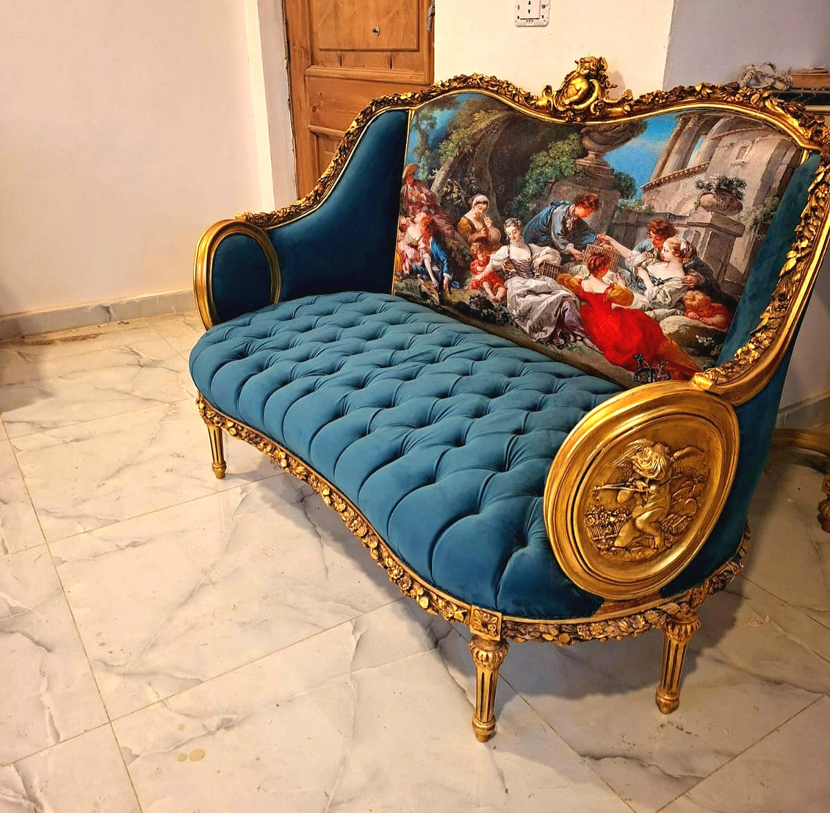 French Rococo Style Sofa – Green Velvet Upholstery, Gold Leaf Frame & Romantic Scenic Panel