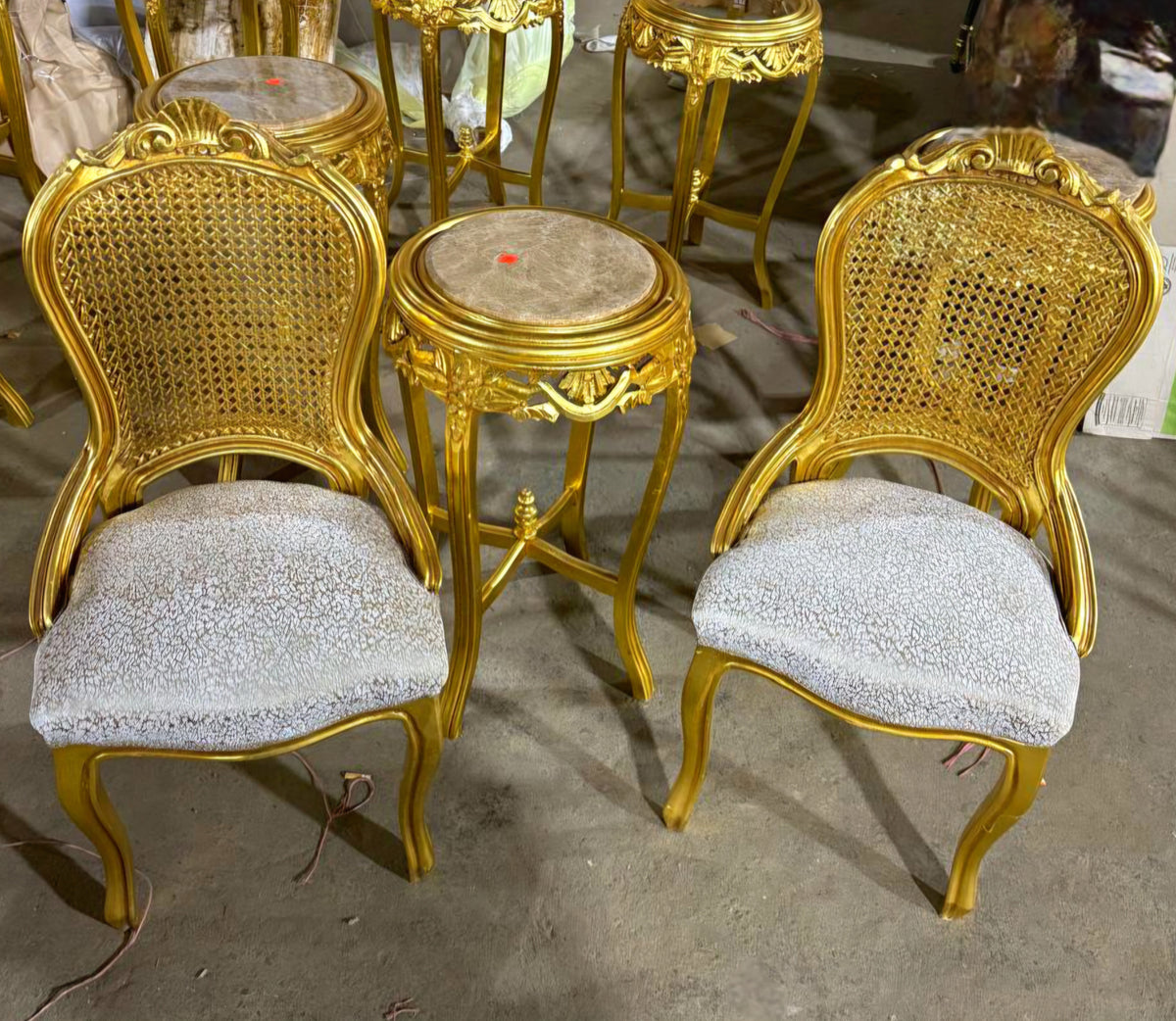 French-Style Side Chairs – Gold Leaf Carved Frames with Woven Backs & Ivory Upholstery, Set of 2