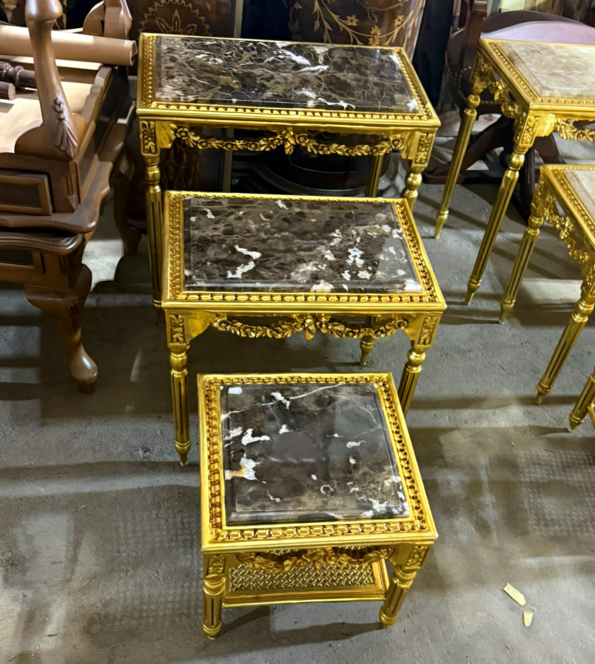 French-Style Nesting Tables – Set of 3 Marble-Top Tables with Ornate Gold Leaf Details