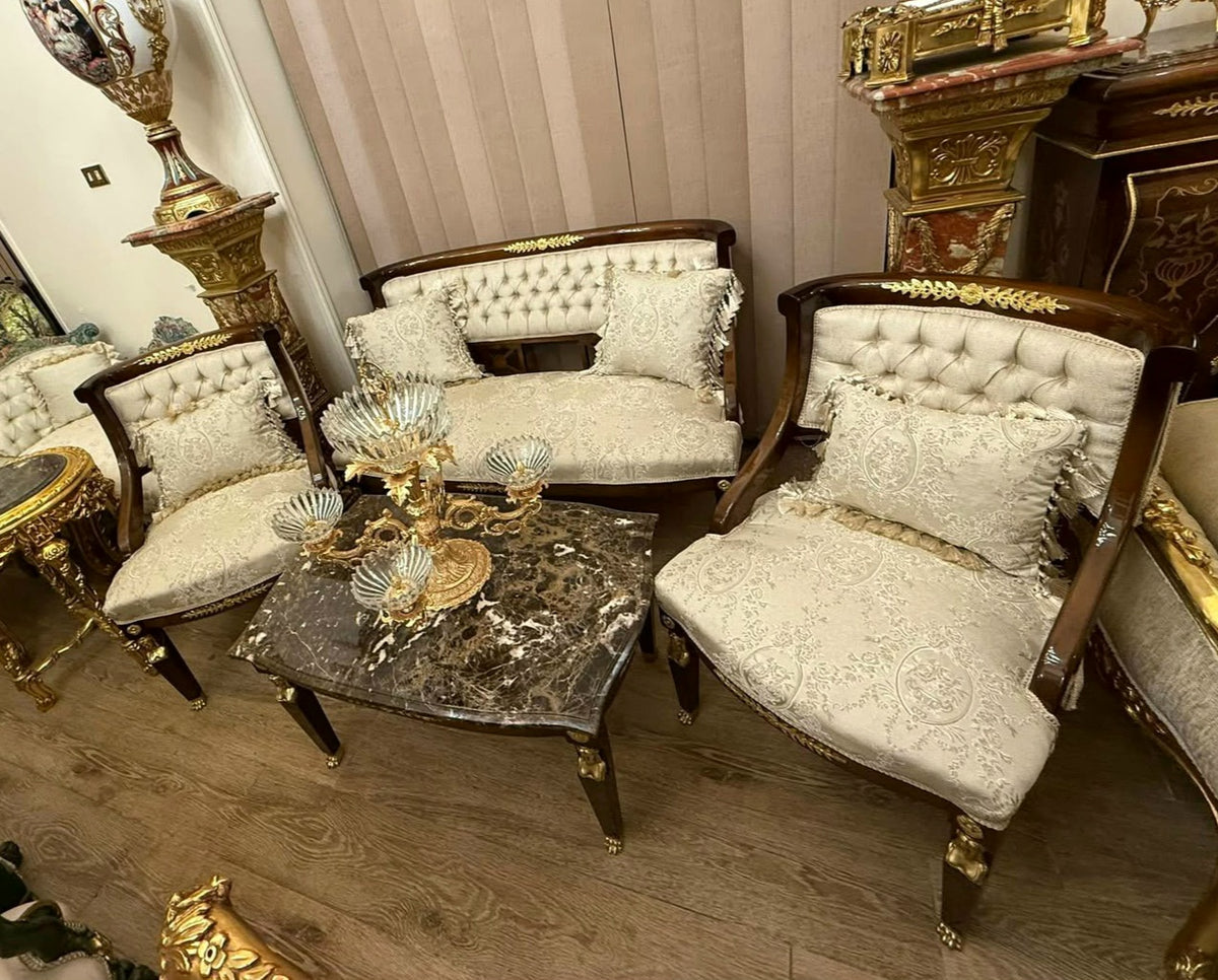 French Neoclassical Living Room Set – Ivory Damask Sofa, 2 Armchairs & Marble-Top Coffee Table with Gilded Details