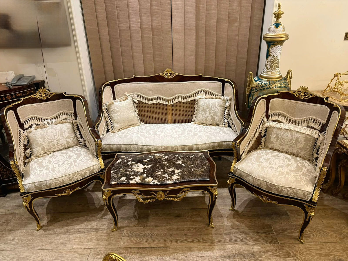 French Louis XV Living Room Set – Damask Sofa, 2 Armchairs & Marble-Top Coffee Table with Gold Leaf Details