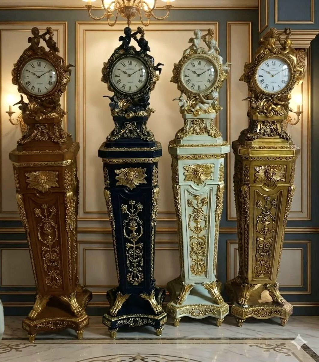 Grand French Louis XVI-Inspired Pedestal Clock – Ornate Gold Leaf Finish, Bronze Details & Sculpted Cherub Crest