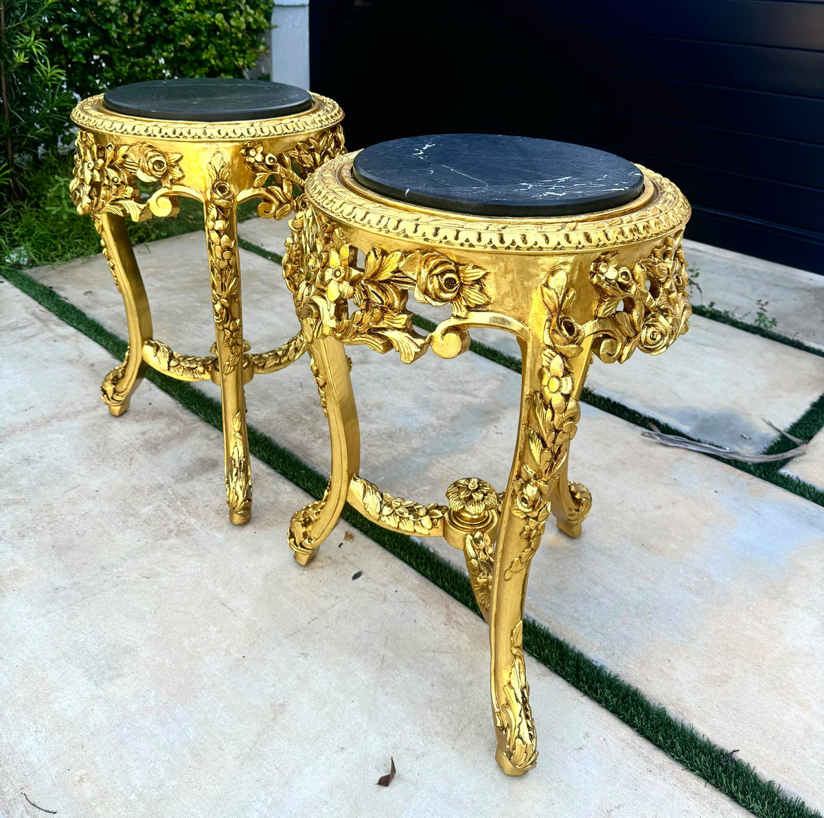 Set of 2 French-Style Gilded Side Tables – Black Marble Tops with Gold Leaf Details