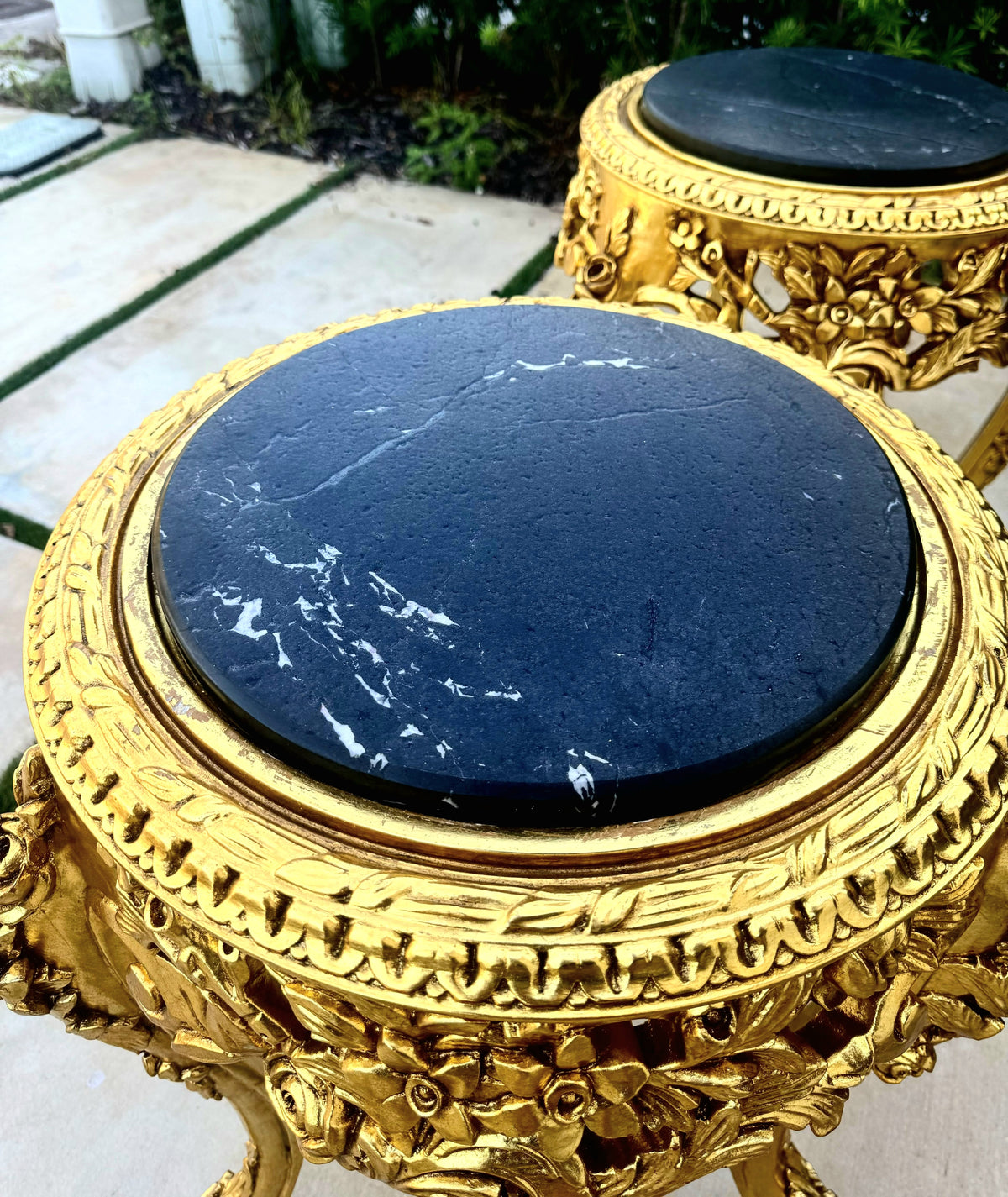 Set of 2 French-Style Gilded Side Tables – Black Marble Tops with Gold Leaf Details