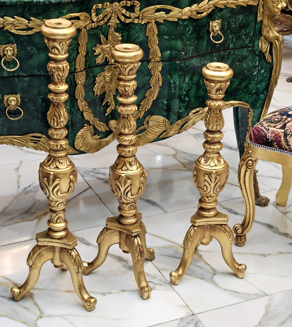 Set of 3 French-Style Gilded Candle Holders – Ornate Gold Leaf Finish with Sculpted Decorative Details