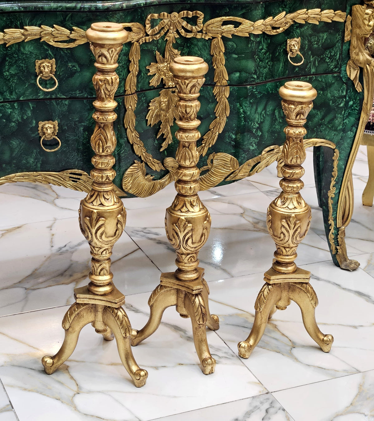 Set of 3 French-Style Gilded Candle Holders – Ornate Gold Leaf Finish with Sculpted Decorative Details