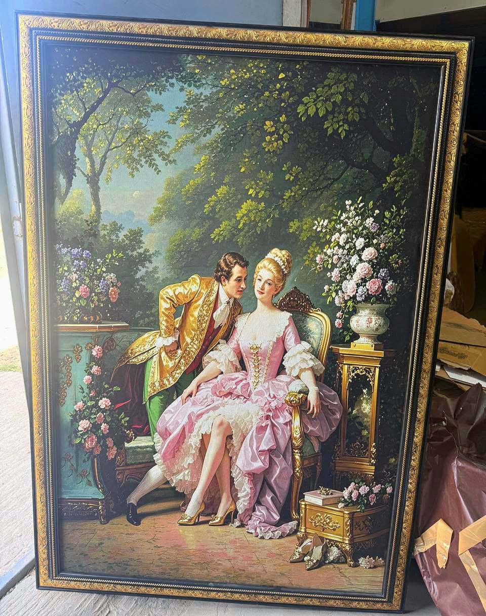 Grand French Rococo-Style Wall Art – Romantic Garden Scene with Ornate Black & Gold Leaf Frame