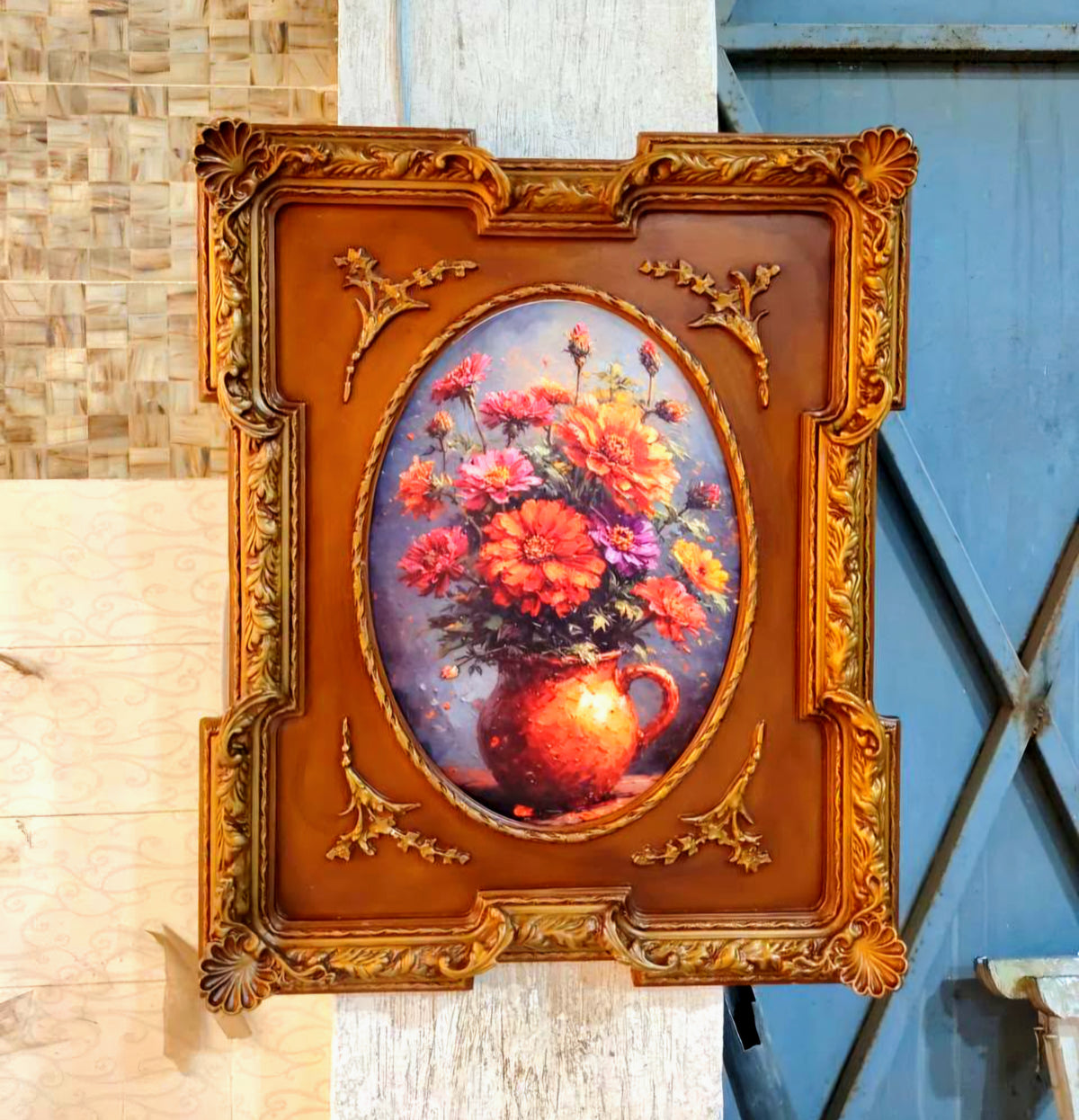 French-Inspired Floral Still Life Wall Art – Vibrant Bouquet in a Decorative Vase with Ornate Carved Wood & Gold Leaf Frame