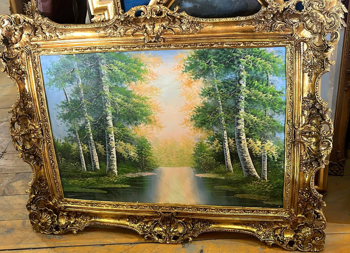 Grand Landscape Wall Art – Scenic Woodland Painting with Ornate Gold Leaf Frame