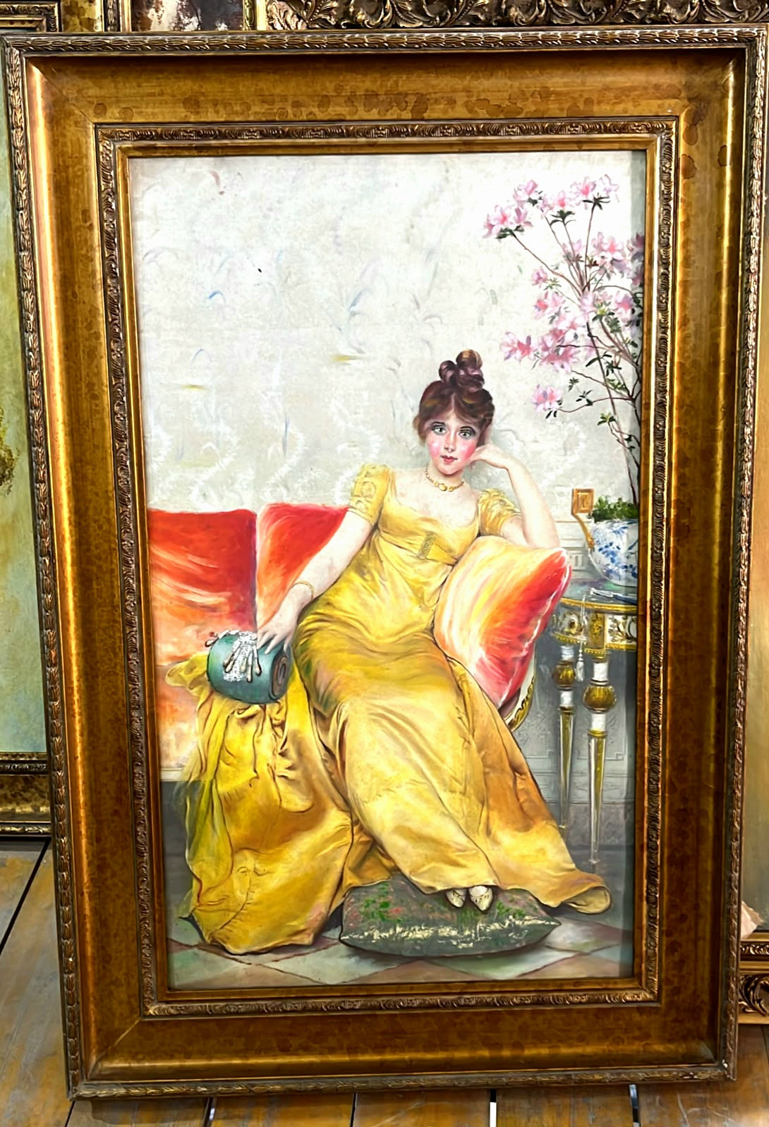 Elegant European Portrait Wall Art – Woman in a Golden Yellow Gown with Ornate Gold Leaf Wood Frame