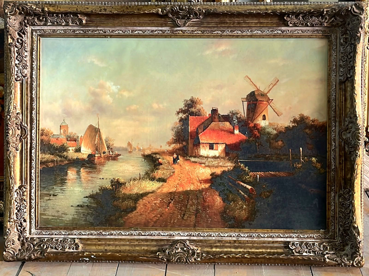 European Village Landscape Wall Art – Scenic Windmill Painting with Ornate Silver Leaf Wood Frame