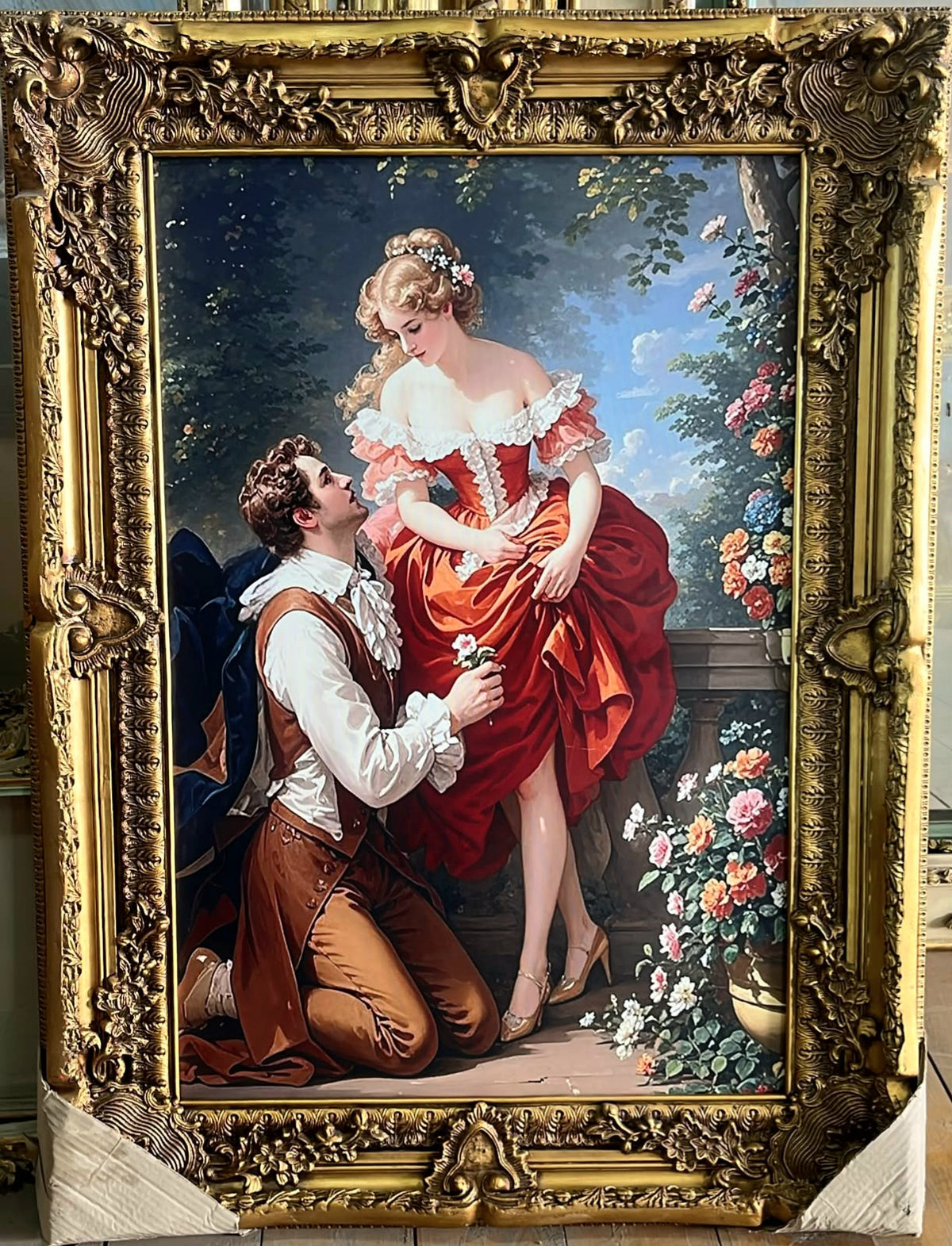 Romantic European Couple Portrait – Ornate Gold Leaf Wood Frame with Elegant Lovers in a Garden