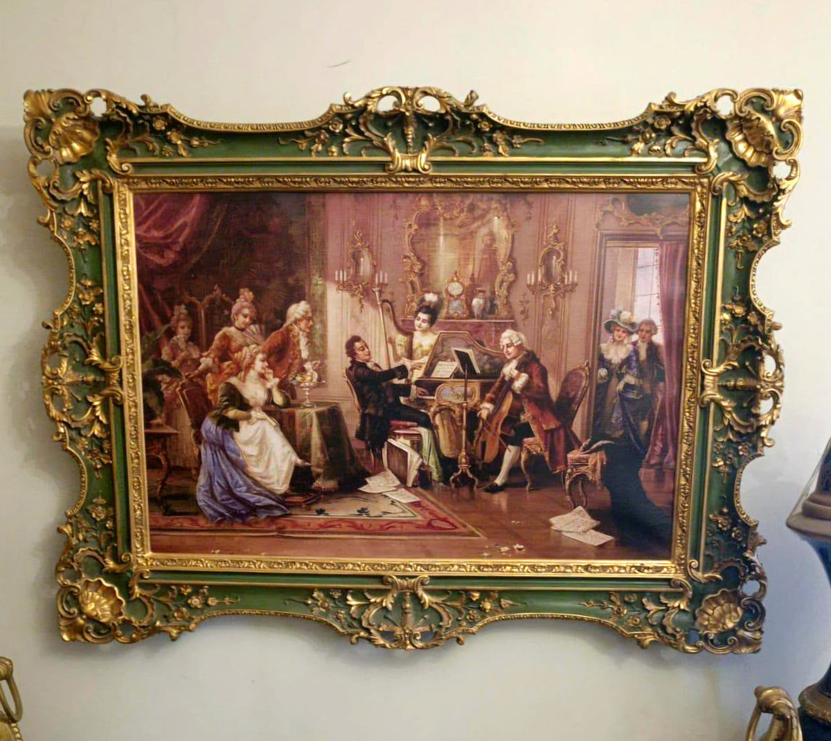 French Rococo Music Salon Wall Art – Ornate Green & Gold Leaf Frame with Classical Musical Gathering