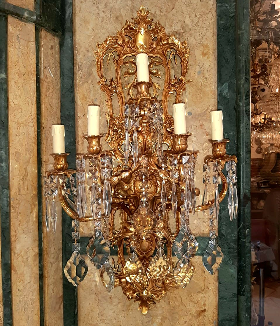 Grand French Rococo Crystal Wall Sconce Set of 2 – Ornate Gold Leaf Bronze Frame with Cascading Crystal Accents