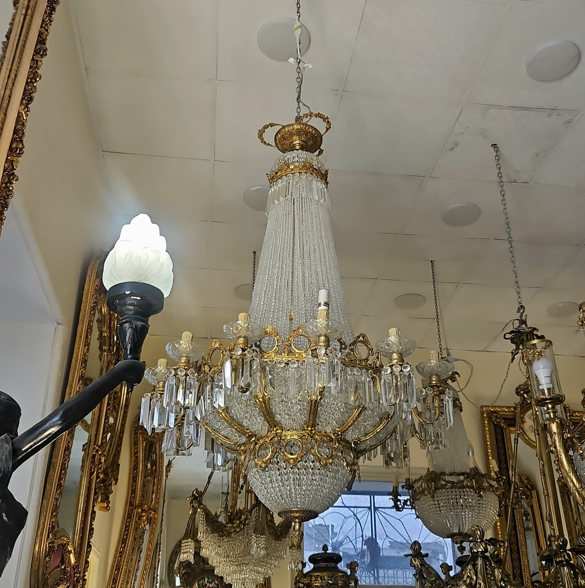 French Empire-Style Crystal Chandelier – Ornate Gilded Bronze Frame with Cascading Crystal Beads & Gold Leaf Accents