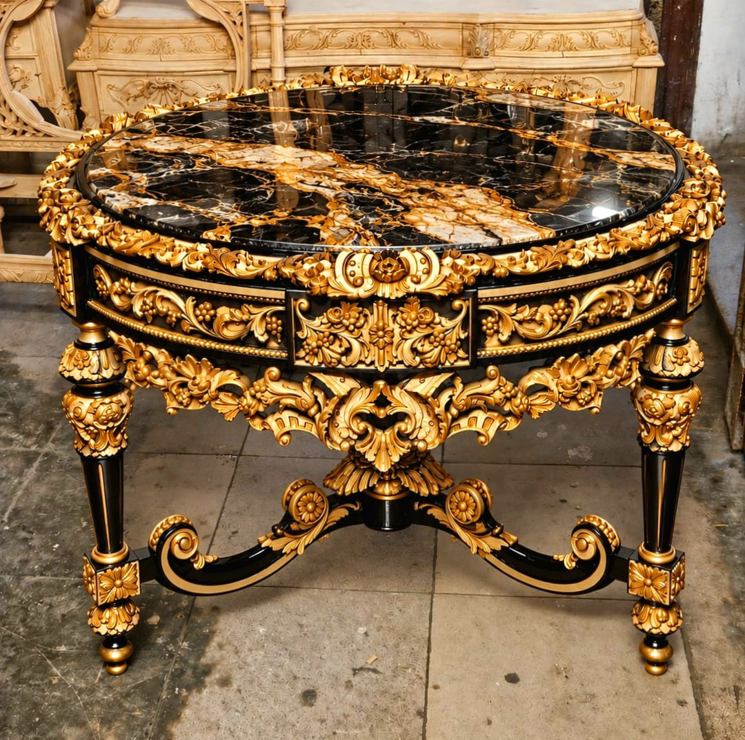Black & Gold Grandeur – Oversized French Baroque Center Table with Dramatic Marble-Effect Top & Ornate Gilded Details