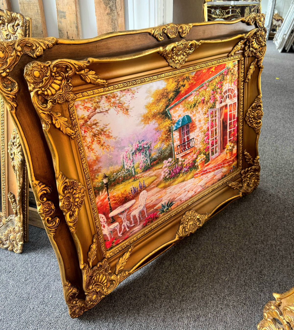 French-Style Cottage Landscape Wall Art – Colorful Garden House with Ornate Gold Leaf Frame