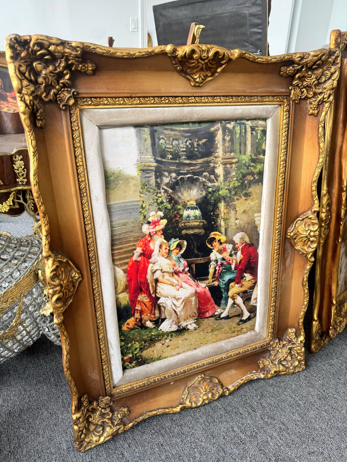 French Rococo-Style Courtyard Scene Wall Art – Ornate Sculpted Wood Frame with Gold Leaf Details