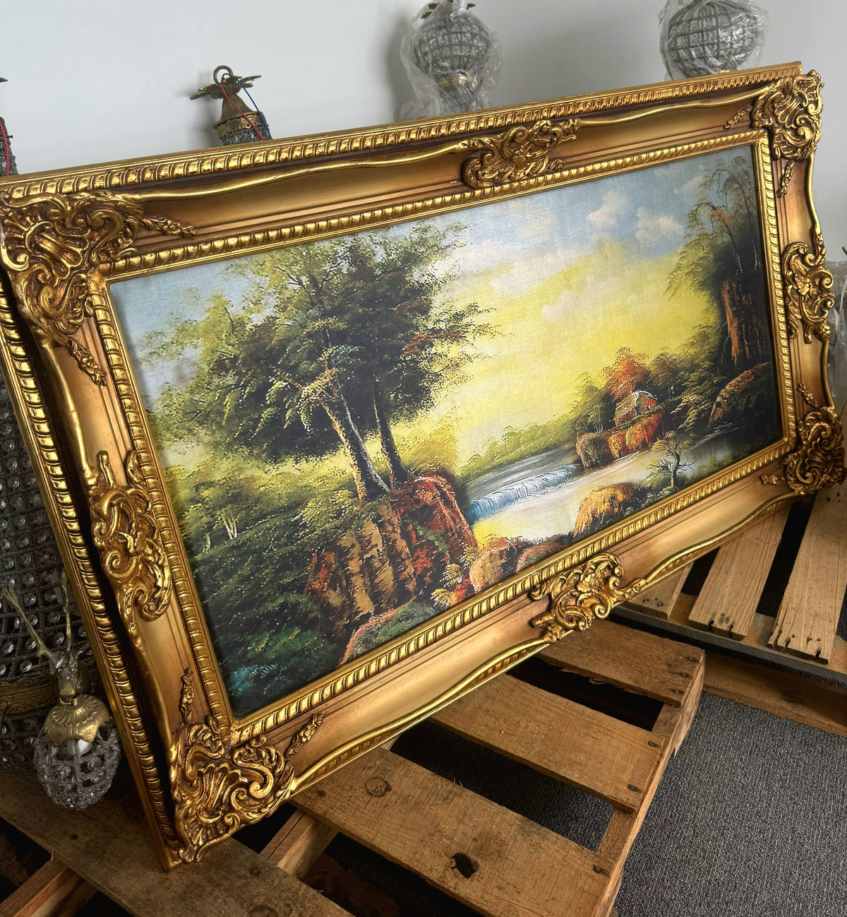 European Countryside Landscape Wall Art – Scenic River & Woodland with Ornate Gold Leaf Frame