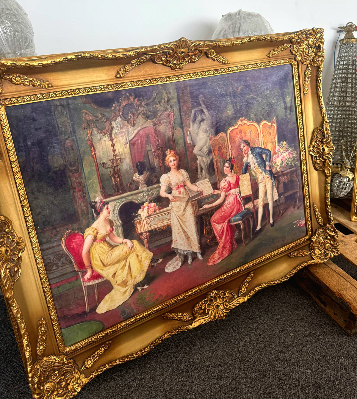 French Baroque Rococo Wall Art – Decorative Cotton Fabric Print with Ornate Gilded Frame