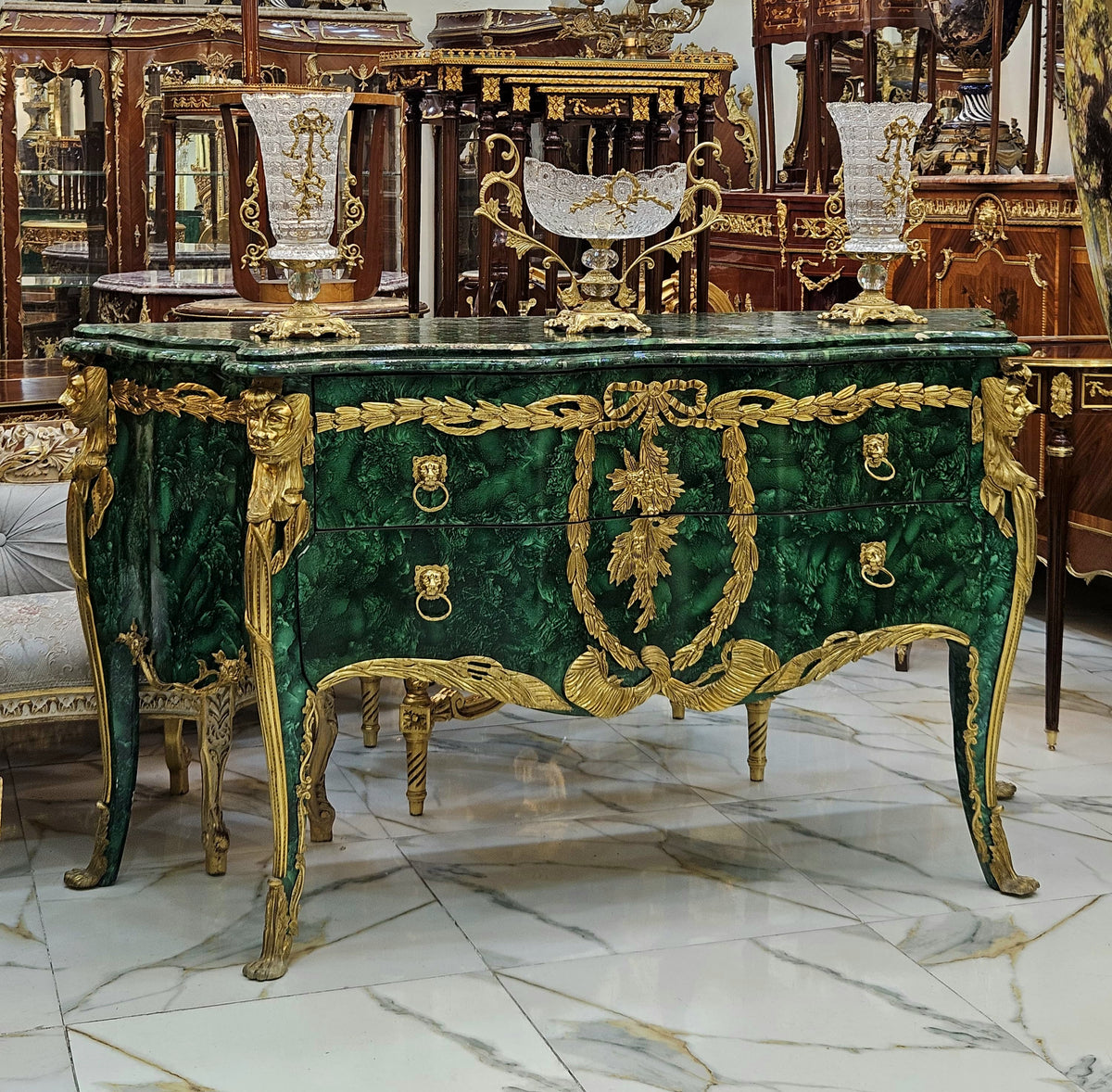 Bottle Green Majesty – French Louis XV Commode with Marble-Effect Finish, Gilded Bronze Accents & Lion-Head Handles